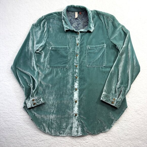 Pilcro Anthropolgie Crushed Velvet Mint Seafoam Button Down Shirt Womens Size 14 - Picture 4 of 10
